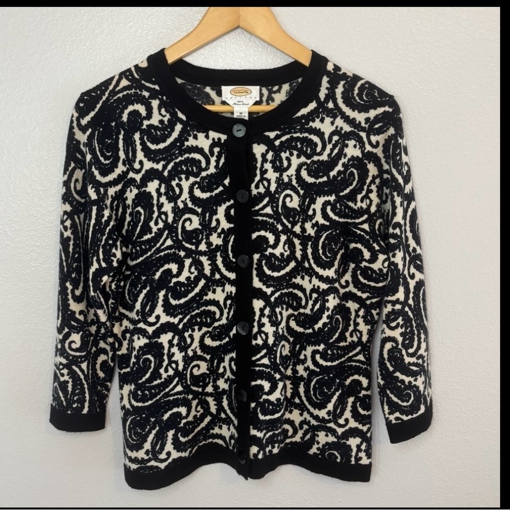 Talbots 100% Merino Wool Cardigan Size Medium Petite Black and Ivory Paisley